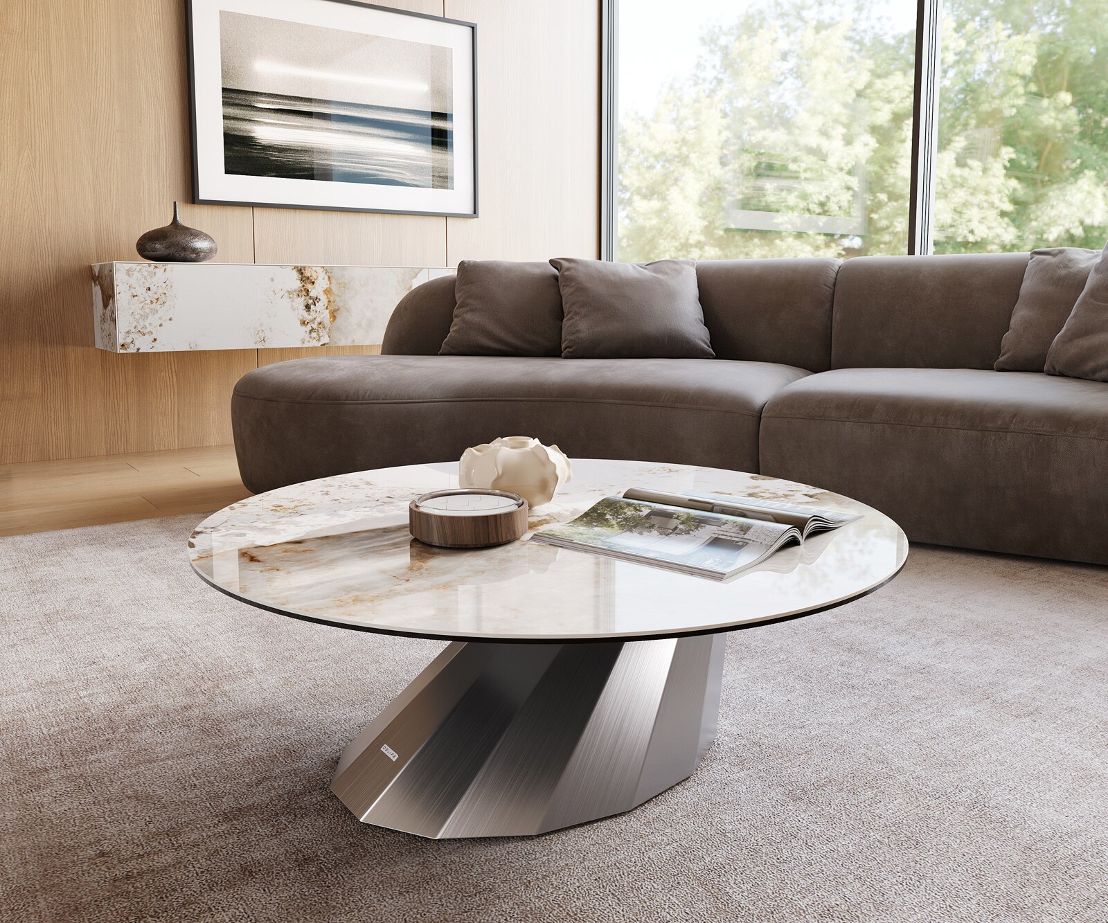 Couchtisch Edge Rund 100x100 cm Keramik Minas Melange Parabi Edelstahl gebü günstig online kaufen