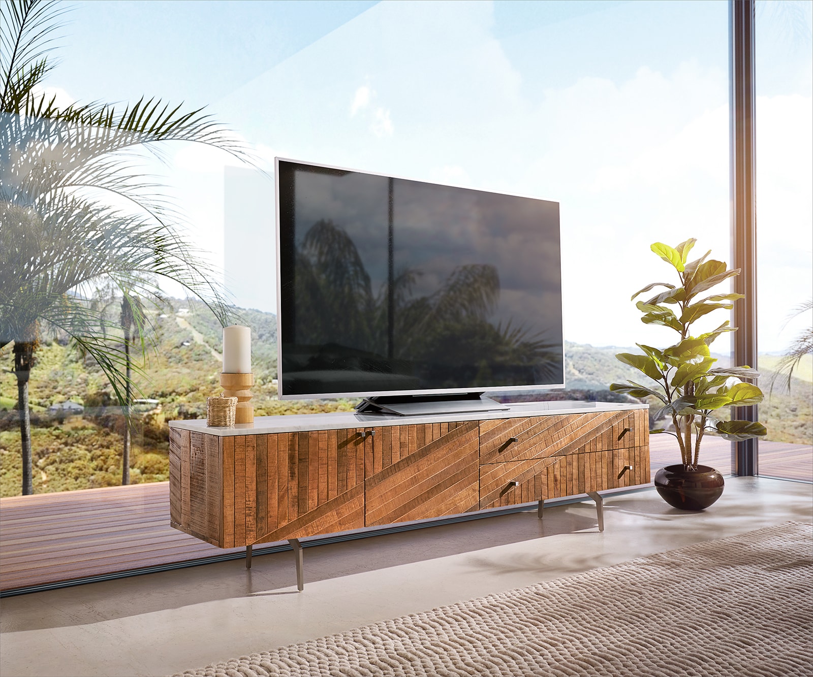 Meuble-TV Bahan 175 cm Mangue Teak 2 portes 2 tiroirs Plateau marbre blanc Pied d'angle en acier inoxydable Meuble-TV Bahan 175 cm Mangue Teak 2 portes 2 tiroirs Plateau marbre blanc Pied d'angle en acier inoxydable