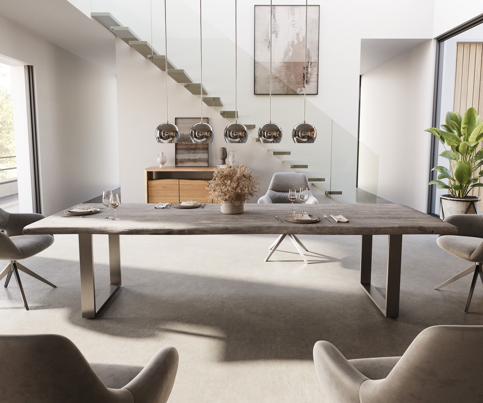 Esstisch Edge 300x100 XL Akazie Platin Edelstahl Schmal Live-Edge 1 Esstisch Edge 300x100 XL Akazie Platin Edelstahl Schmal Live-Edge 1