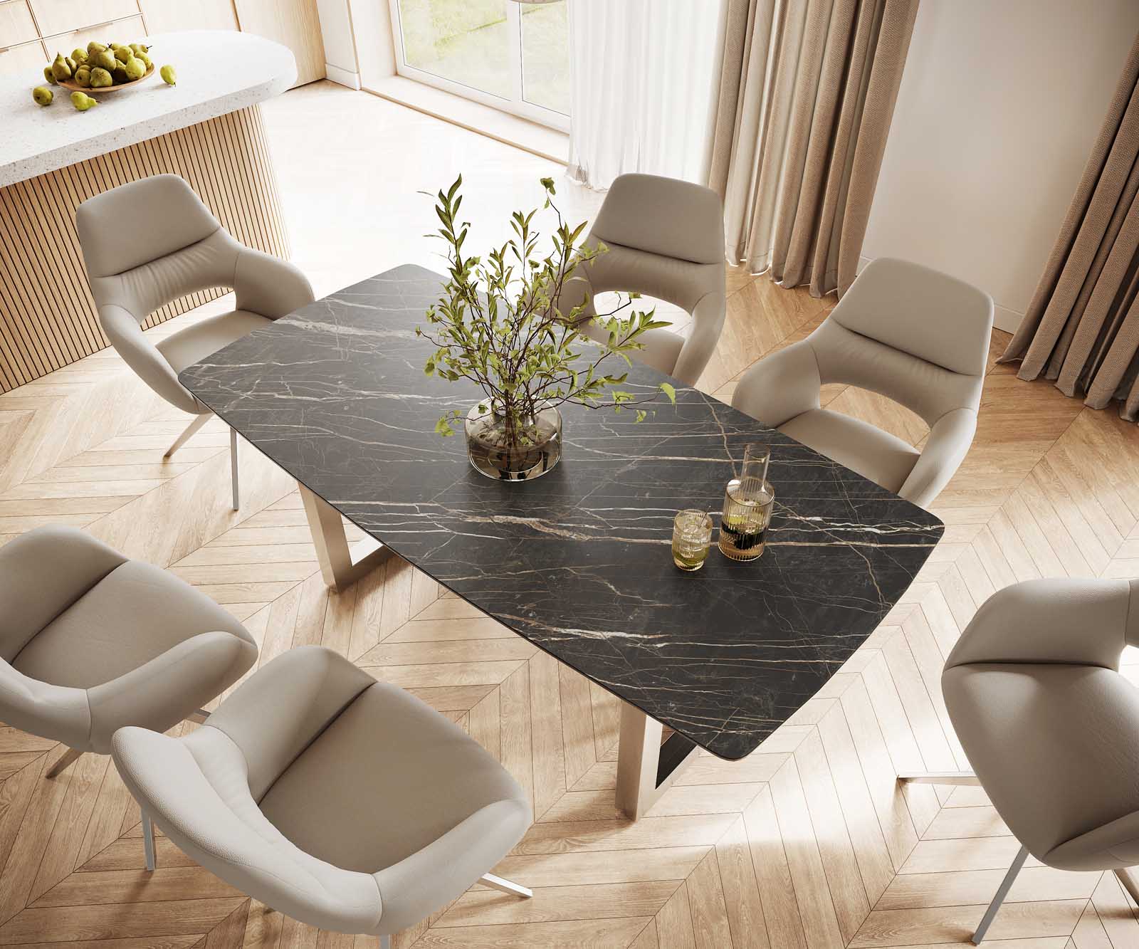 Esstisch Edge Bootsform 200x100 Keramik Laminam® Noir Desir Braun Edelstahl Breit 3