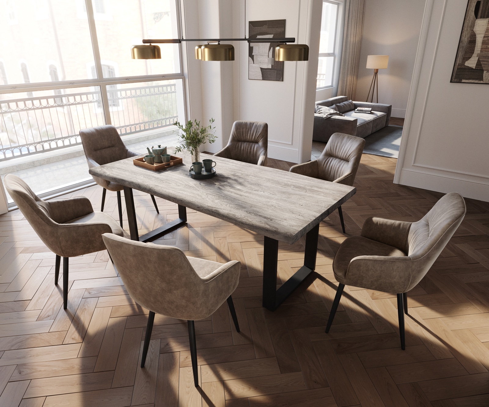 Esszimmerstuhl Zelia-Flex mit Armlehnen Mikrofaser Taupe Vintage 4-Fuß konisch Schwarz Taschenfederkern 4