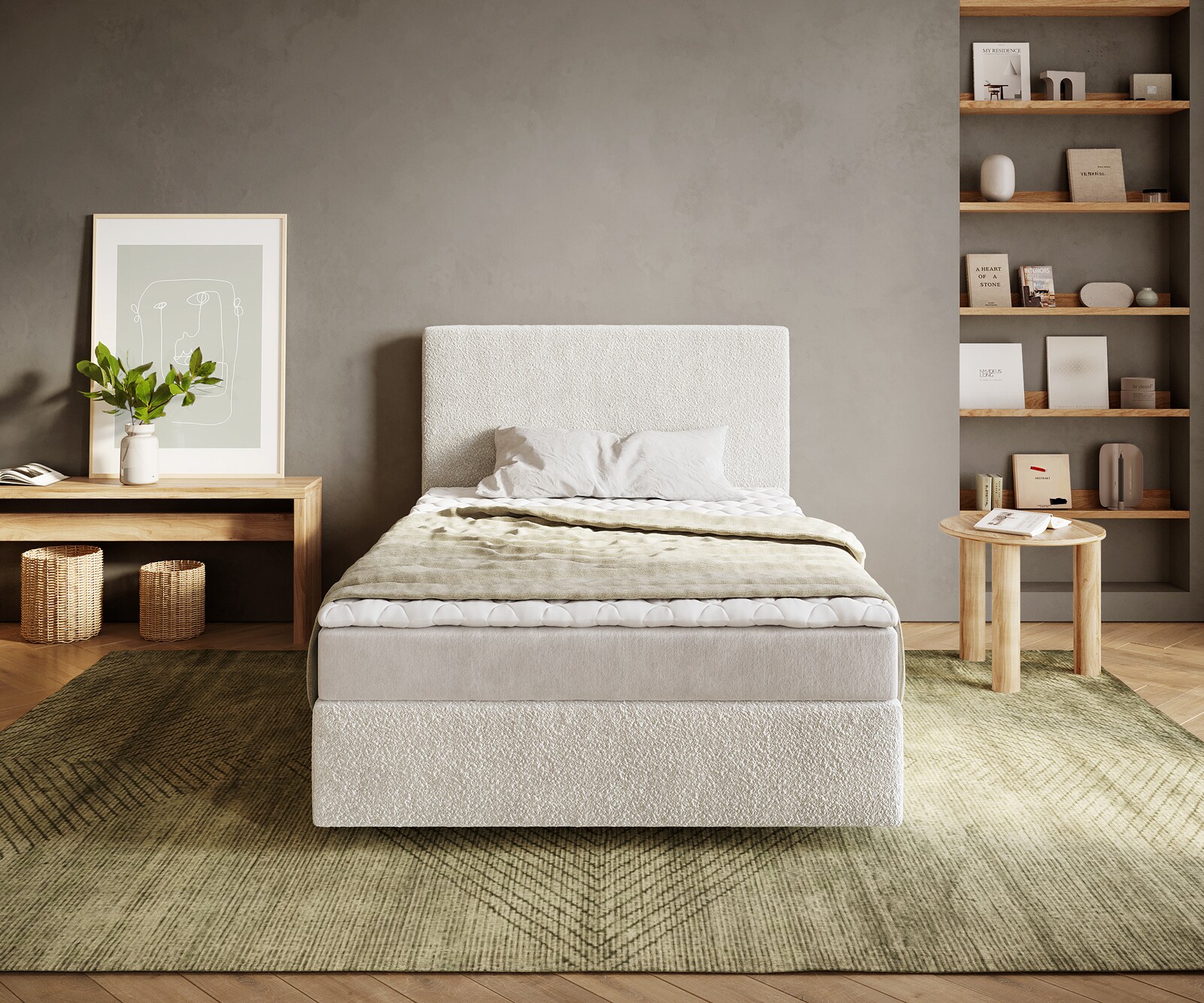 Boxspringbett Dream-Well 120x200 cm Bouclé Creme-Weiß mit Matratze und Topper 1