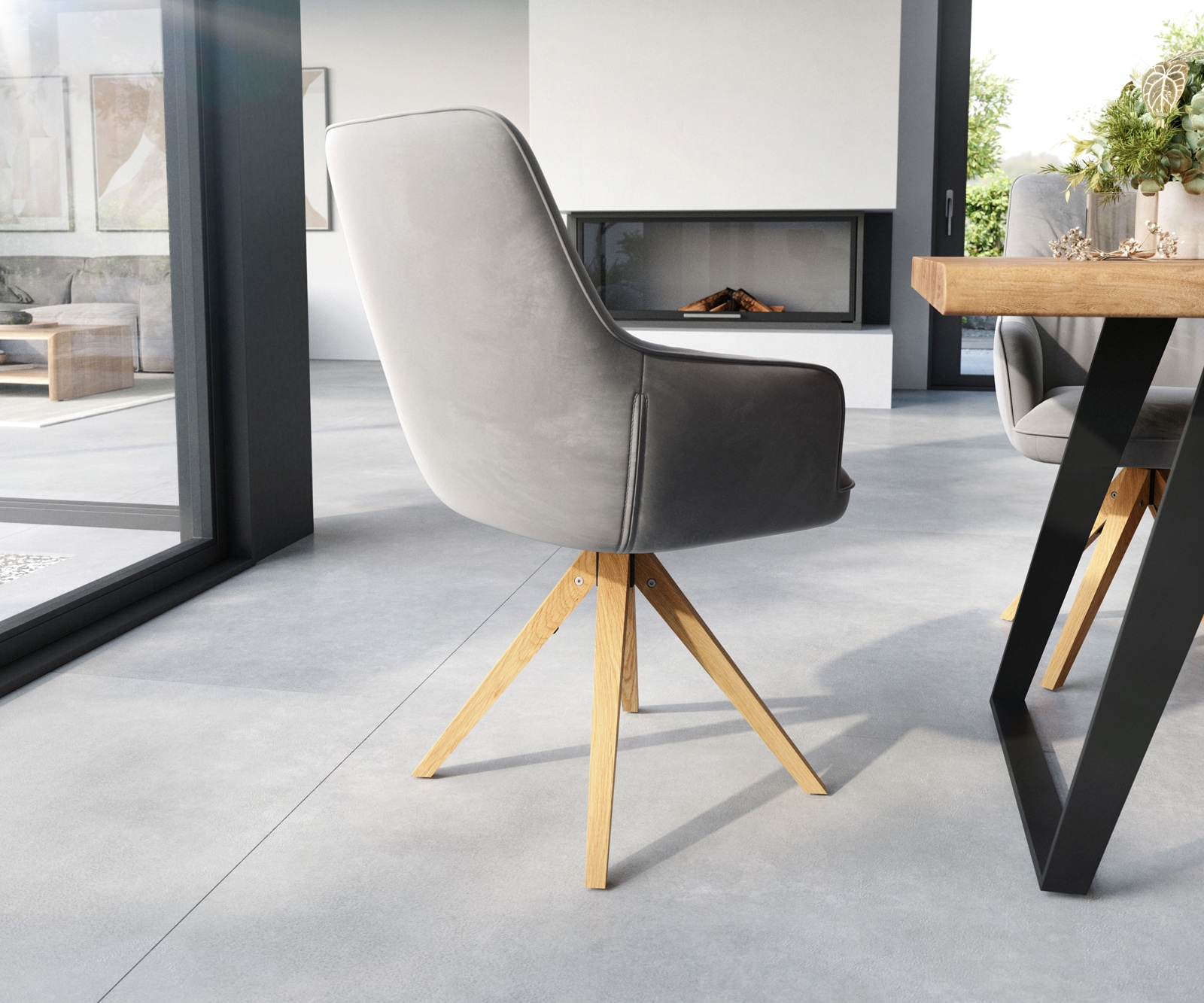 Esszimmerstuhl Zelia-Flex mit Armlehnen Samt Grau Holzgestell kantig Natur Taschenfederkern 4 Esszimmerstuhl Zelia-Flex mit Armlehnen Samt Grau Holzgestell kantig Natur Taschenfederkern 4