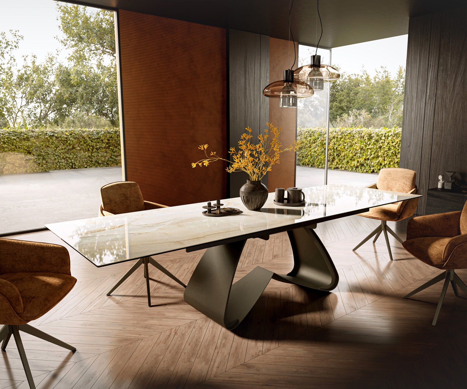 Esstisch Edge 200-300x100 Keramik Laminam® Onice Oro W-Gestell Effektfinish günstig online kaufen