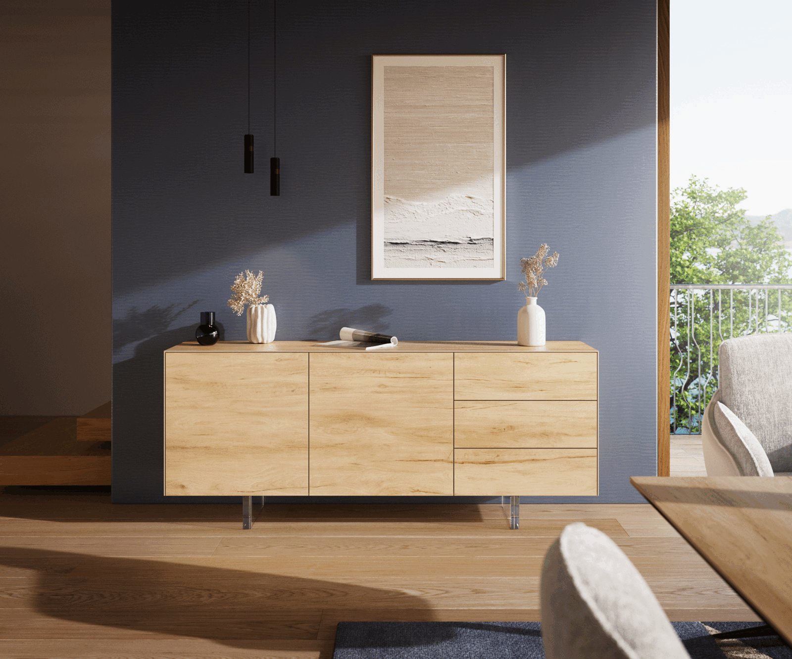 Sideboard Cuor 180 cm Keramik Laminam® Sabbia Eichefarbig 2 Türen 3 Schubfächer Fuß Schwebeoptik Acrylglas 1