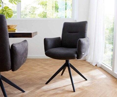 Drehstuhl Jova-Flex mit Armlehnen Mikrofaser Anthrazit Vintage Kreuzgestell breit Schwarz 360° drehbar Taschenfederkern