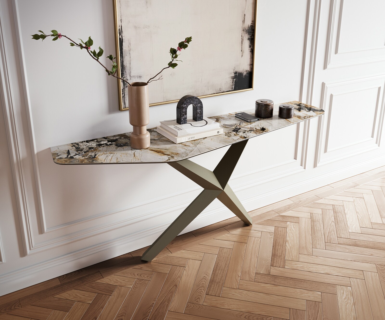 Konsolentisch Edge Polygonal 180x50 cm Keramik Patagonia Poliert Zentharo Metall Effektfinish Titan