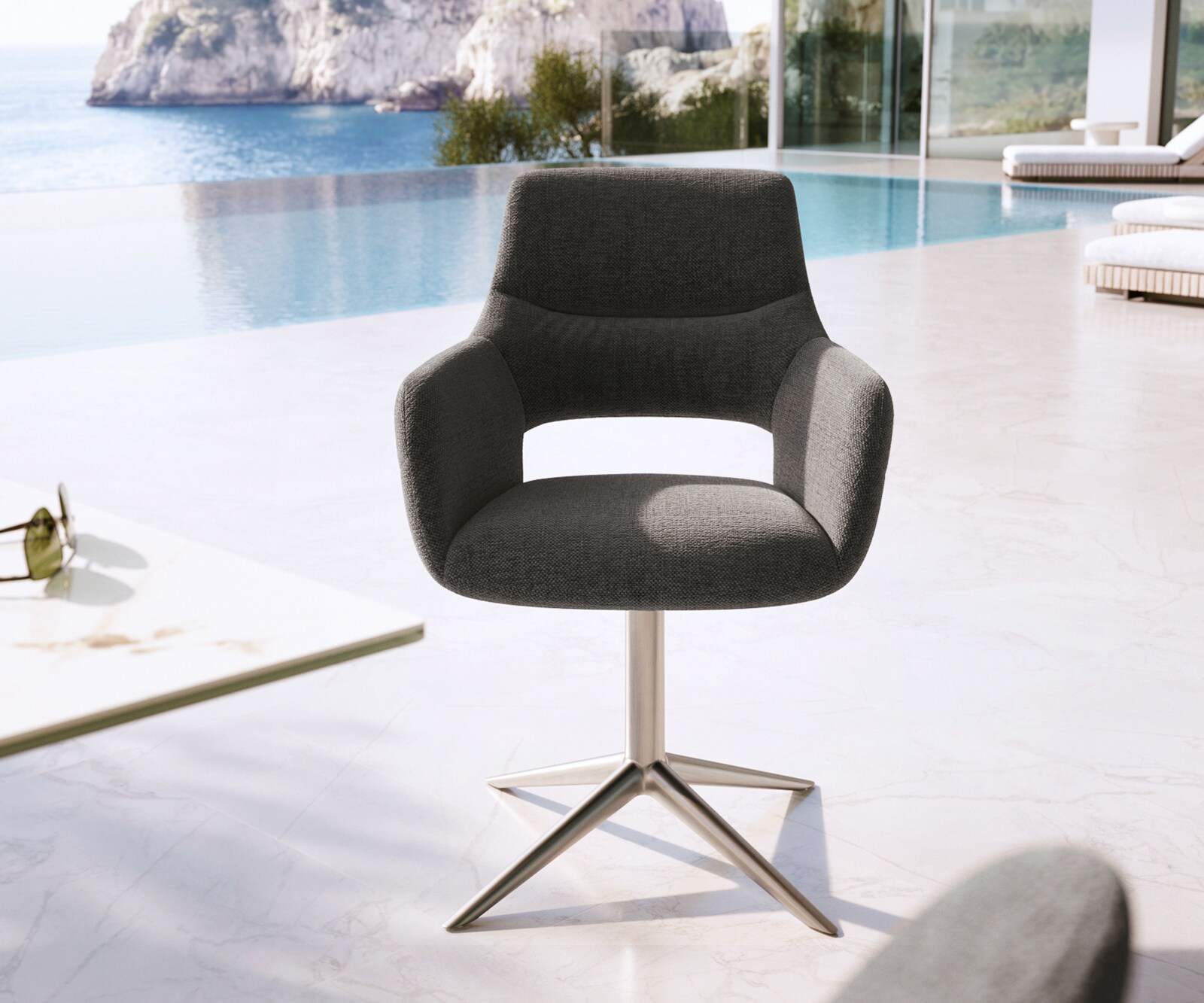 Outdoorstuhl Yago-Flex mit Armlehnen Strukturstoff Graphit Fußkreuz Edelstahl 360° drehbar Wippfunktion 1