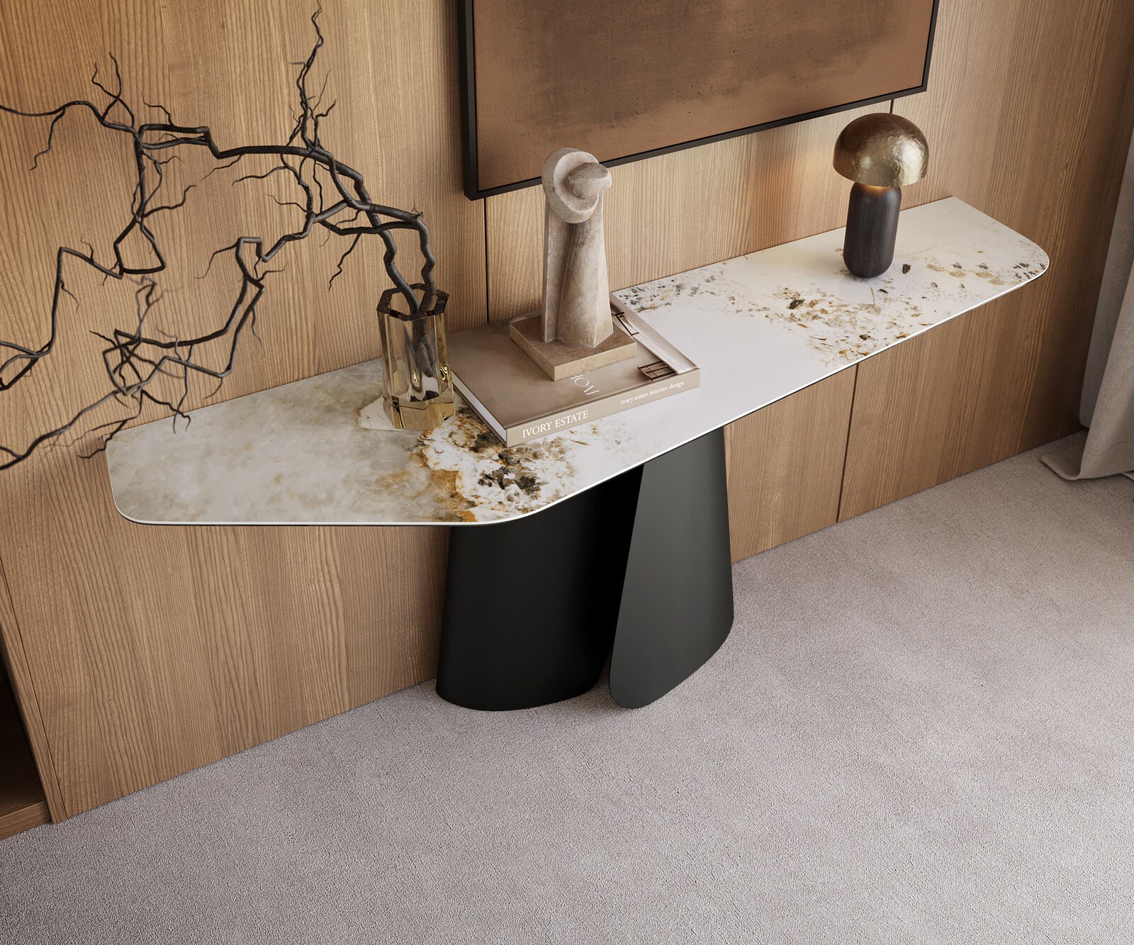 Konsolentisch Edge Polygonal 180x50 cm Keramik Minas Melange Weiß-Beige Livos Metall Schwarz 2