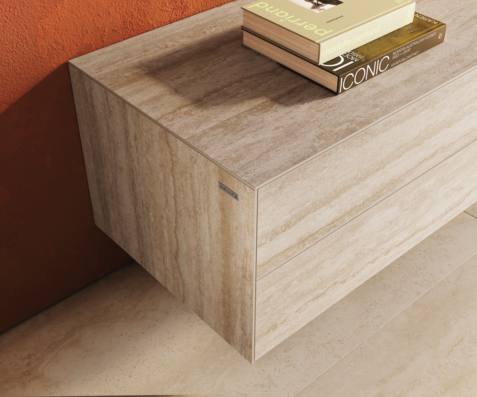Lowboard Cuor 180 cm Keramik Laminam® Travertino Bianco Creme-Weiß 1 Klappe 2 Schubfächer Schwebend 6