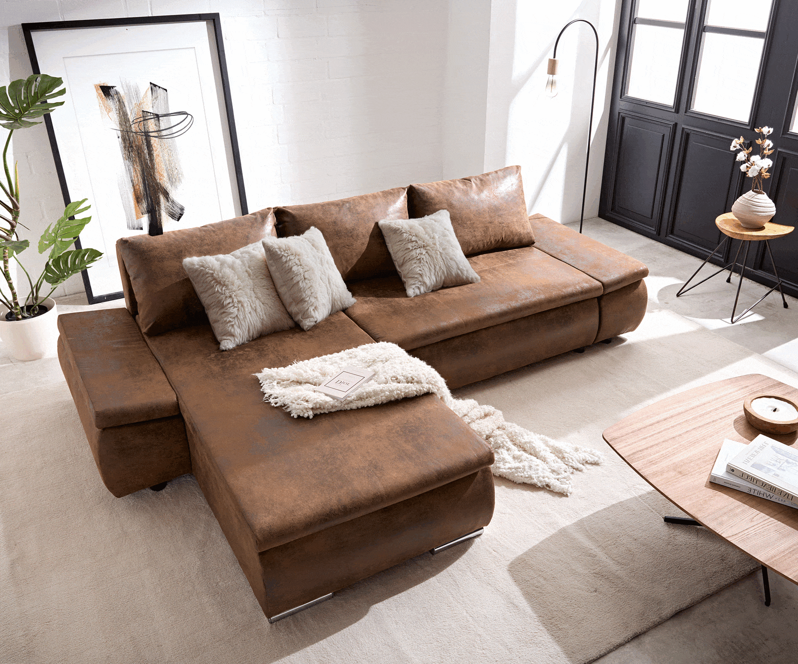 Ecksofa Abilene 260x175 cm Braun Ottomane variabel mit Schlaffunktion 5