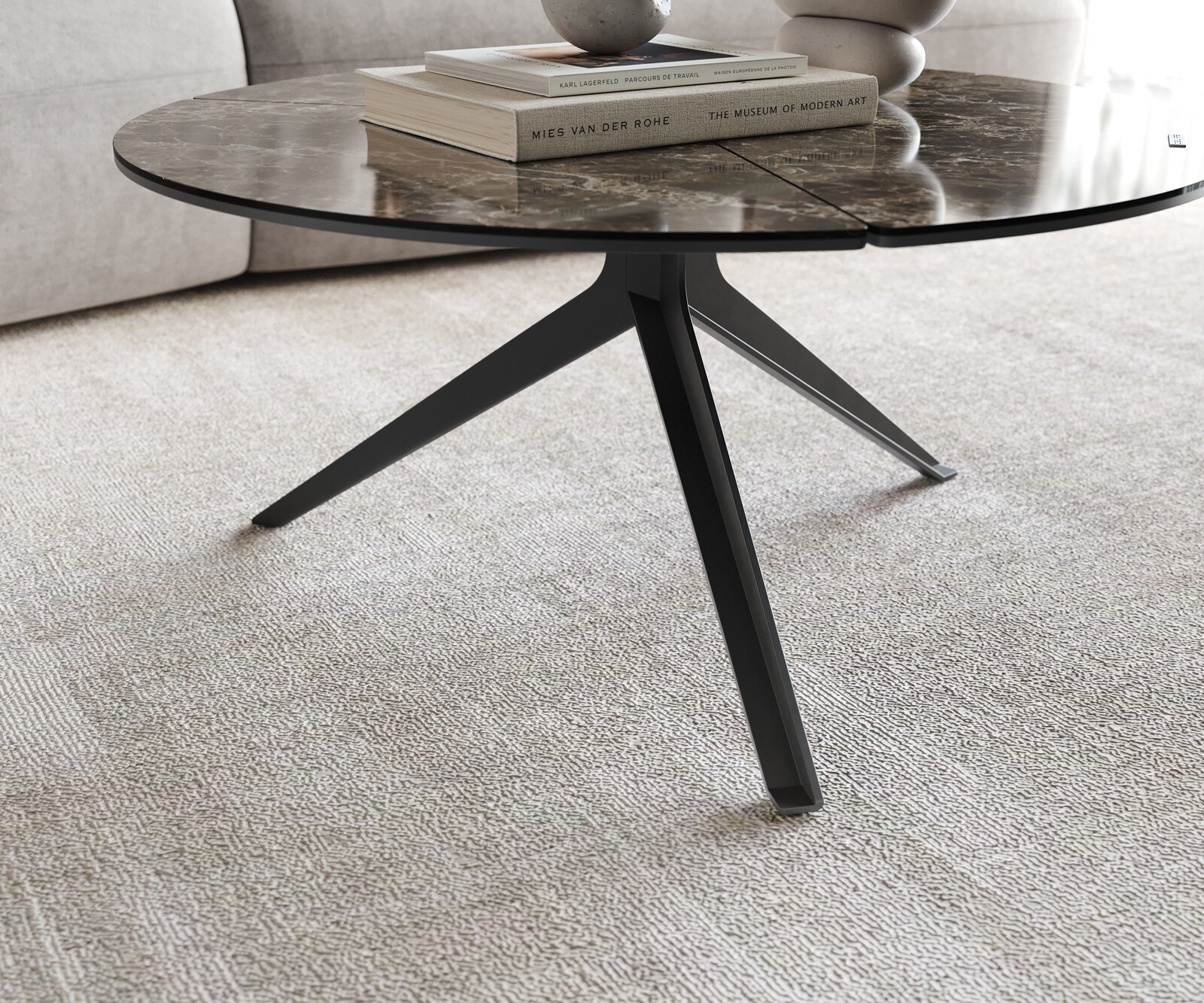 Couchtisch Delron 70x70 cm Keramik Emperador Extra Lucidato Dunkelbraun Kreuzfuß Flach Metall Schwarz 6