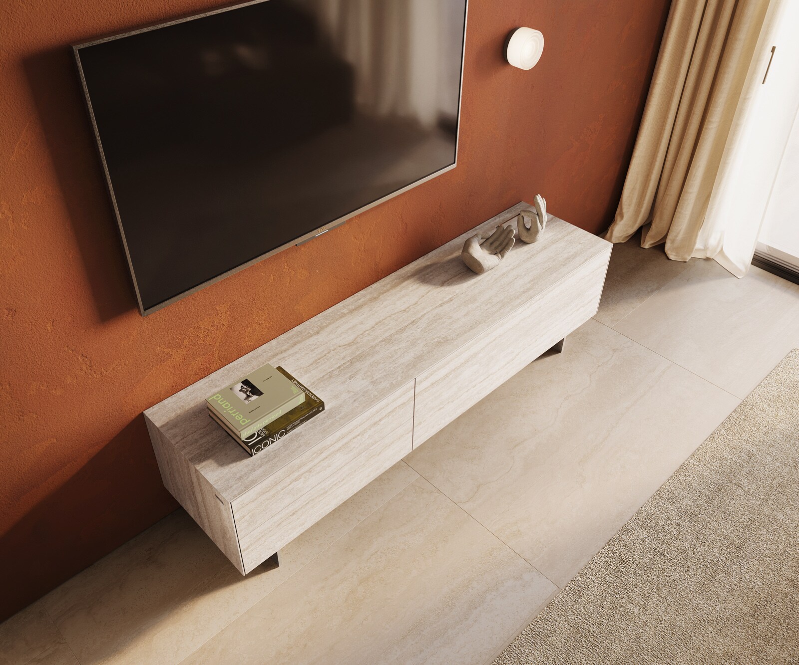 Lowboard Cuor 180 cm Keramik Laminam® Travertino Bianco Creme-Weiß 1 Klappe 2 Schubfächer Fuß Schwebeoptik Edelstahl 3