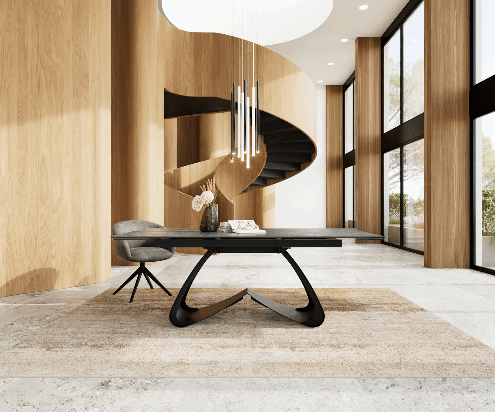 Esstisch Edge 200-300x100 Keramik Laminam®Nero Greco Anthrazit W-Gestell Schwarz ausziehbar 2