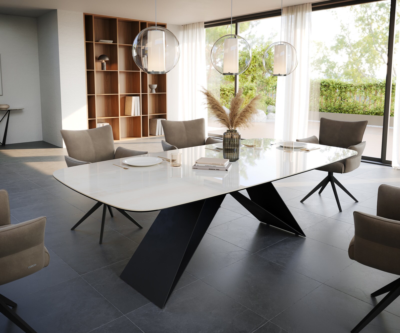 Esstisch Edge Boot 240x120 cm Keramik Onyx Champagne V-Gestell Flachstahl Schwarz