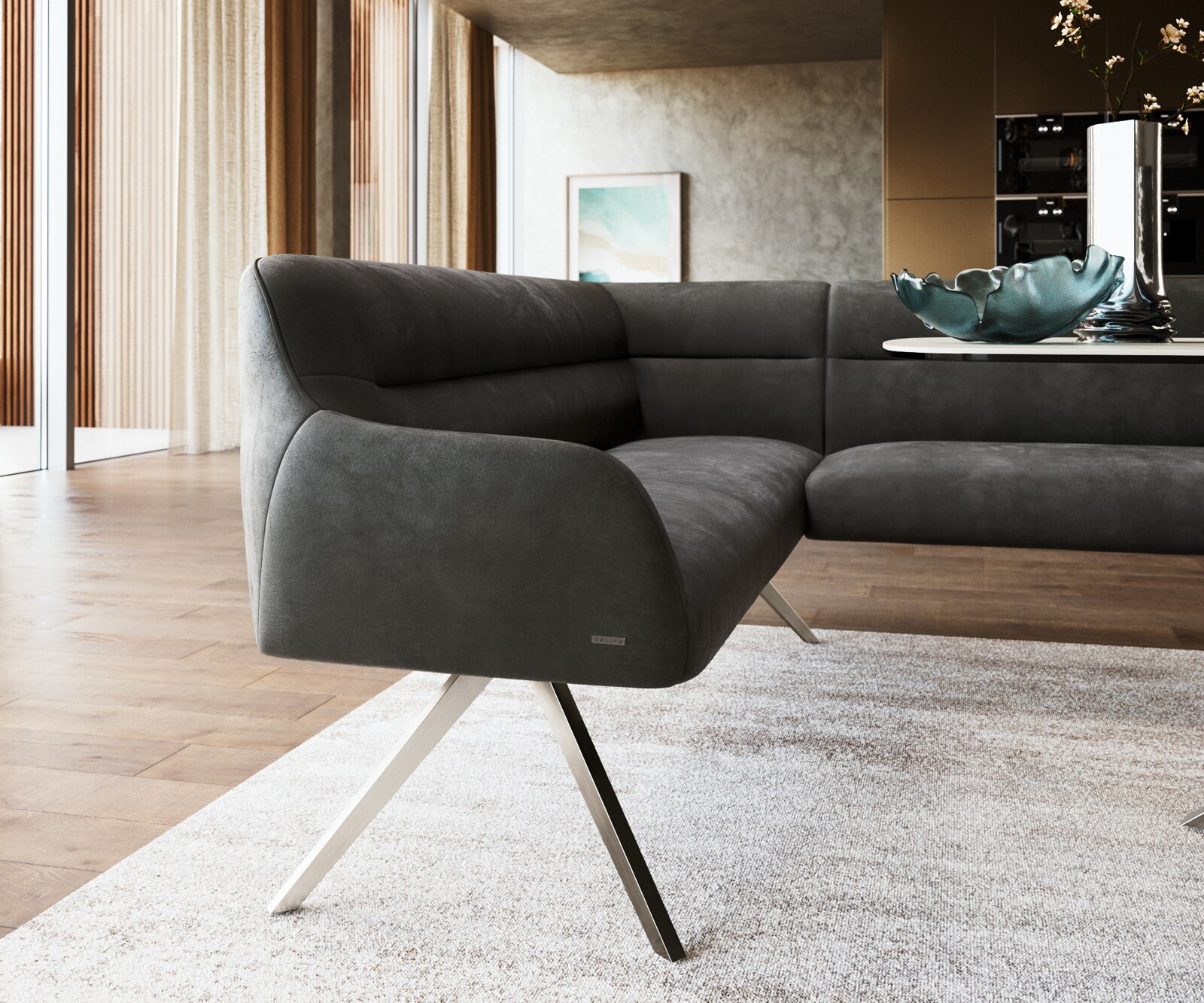 Esszimmerbank Taya-Flex 285x190 cm Mikrofaser Anthrazit Vintage Kreuzgestell kantig Edelstahl Taschenfederkern Rechts 4