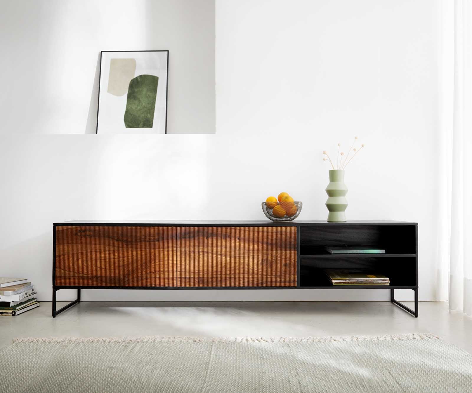 Lowboard Vaag 200 cm Sheesham Natur Mango Schwarz 2 Türen 2 Fächer 2