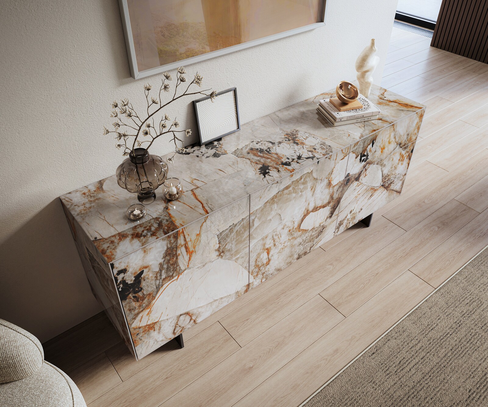 Sideboard Cuor 180 cm Keramik Patagonia Poliert 2 Türen 3 Schubfächer Fuß Schwebeoptik Metall Schwarz 3
