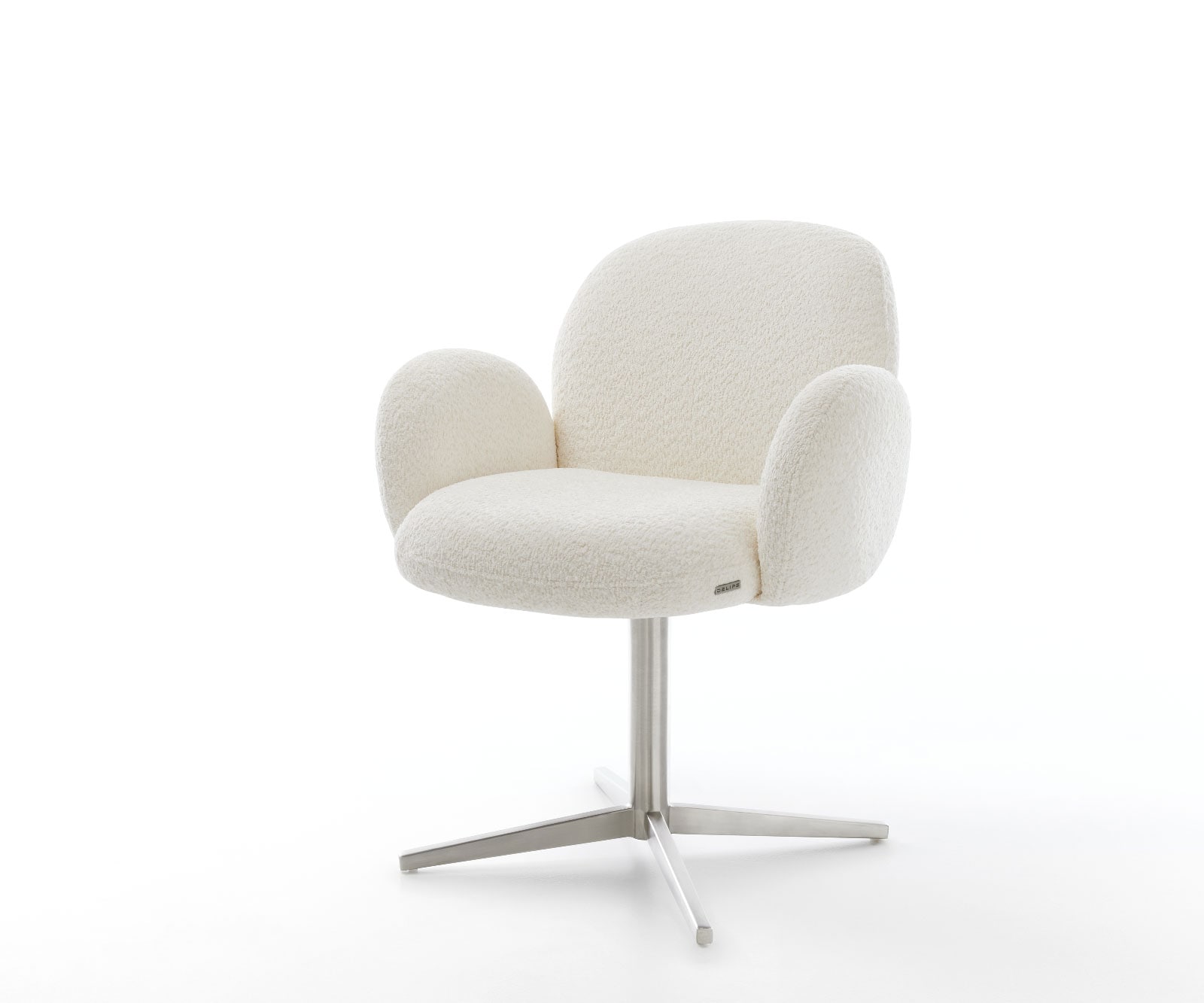 Drehstuhl Nube-Flex mit Armlehnen Bouclé Weiß Fußkreuz Edelstahl 360° drehbar Taschenfederkern