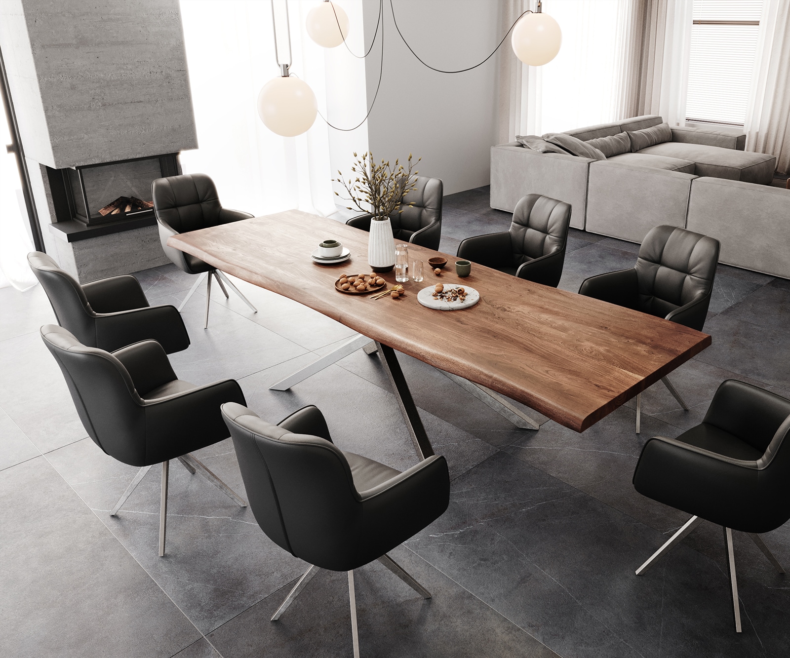 Esstisch Edge 300x100 XL Akazie Braun Kreuzgestell Rechteck Edelstahl Live-Edge 6