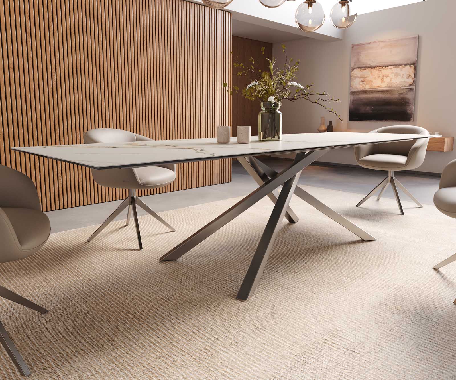 Esstisch Edge 300x100 Keramik Calacatta Luxe Weiß-Gold-Grau Kreuzgestell Rechteck Edelstahl 7
