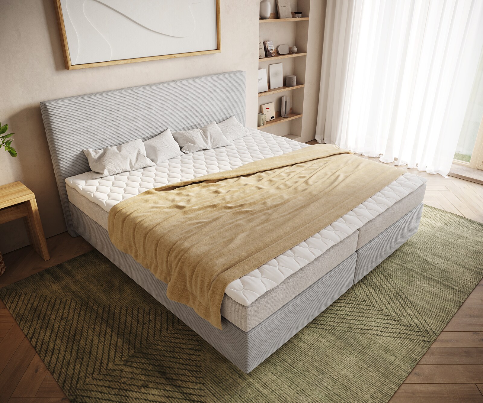 Boxspringbett Dream-Well Cord Silbergrau 200x200 cm Bonell-Matratze PU-Topper 3