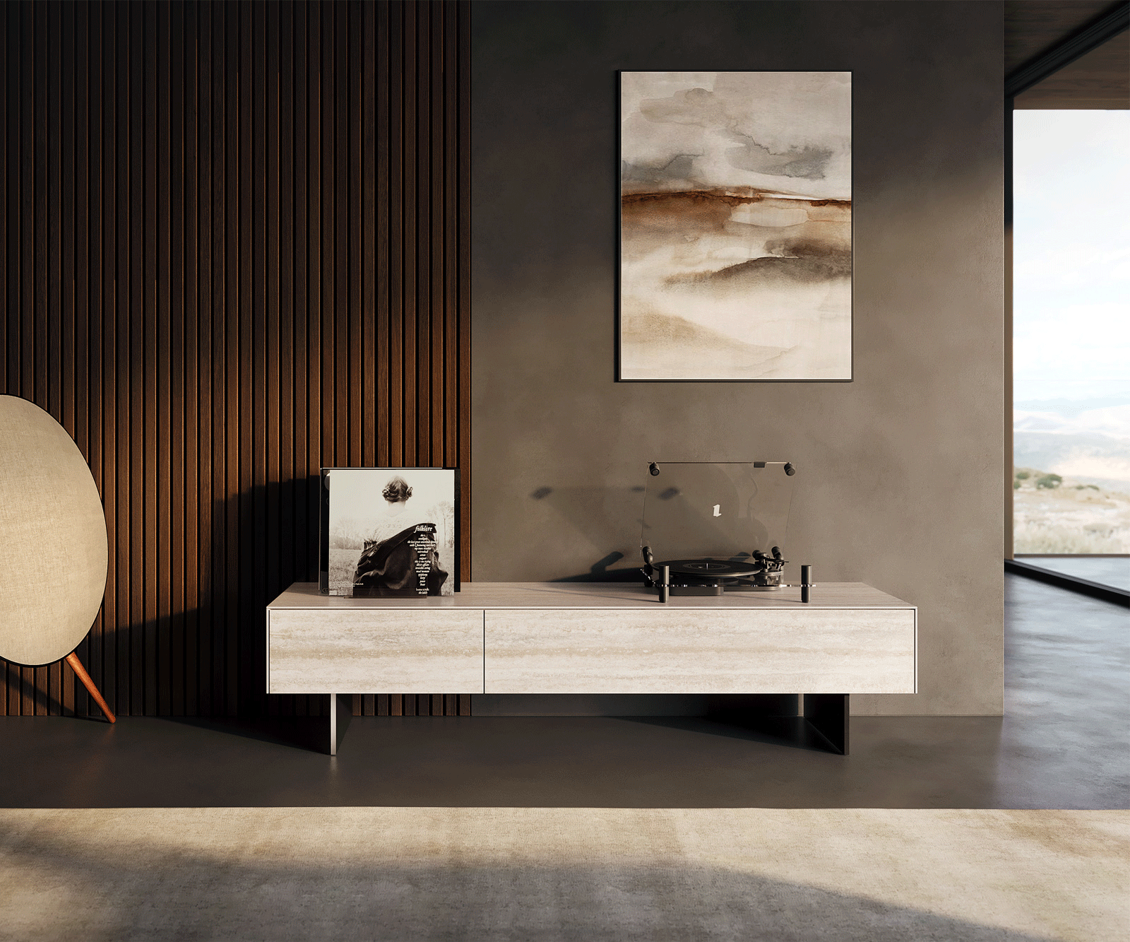 Lowboard Cuor 150 cm Keramik Laminam® Travertino Bianco Creme-Weiß 1 Klappe 1 Schubfach Fuß Schwebeoptik Metall Schwarz 1