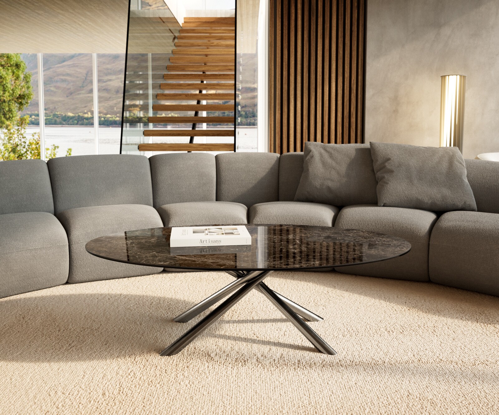 Couchtisch Edge Oval 140x80 cm Keramik Emperador Extra Lucidato Dunkelbraun Sarity Edelstahl gebürstet 1