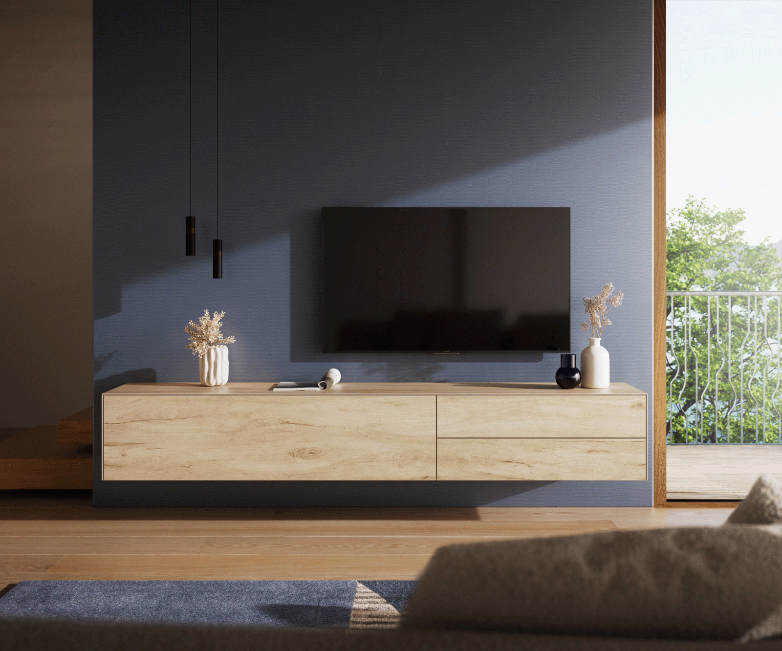 Lowboard Cuor 220 cm Keramik Laminam® Sabbia Eichefarbig 1 Klappe 2 Schubfächer Schwebend 2