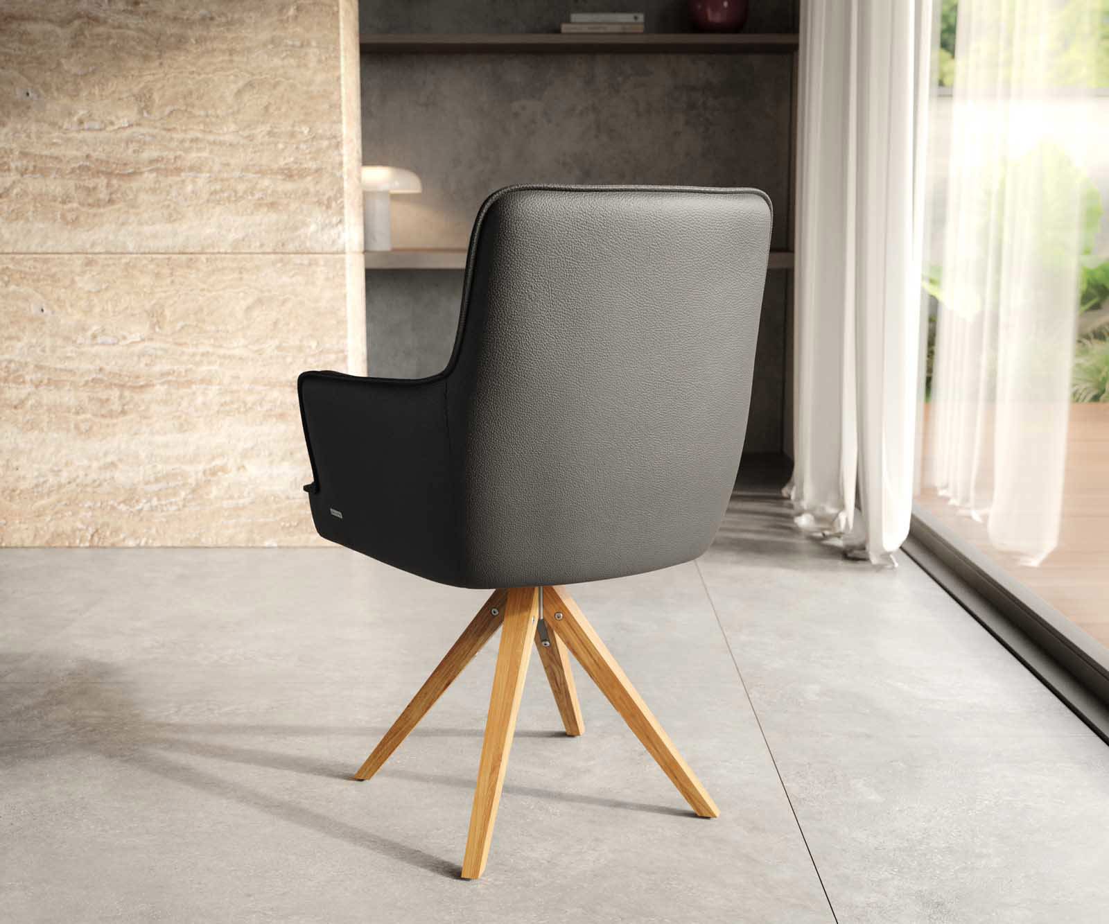 Drehstuhl Heira-Flex mit Armlehnen Echt-Leder Schwarz Holzgestell kantig Natur 180° drehbar Taschenfederkern 4