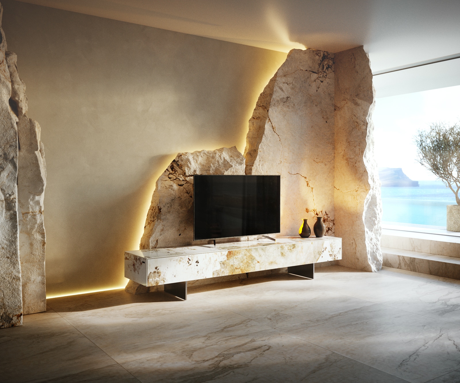 Lowboard Cuor 200 cm Keramik Minas Melange Weiß-Beige 1 Klappe 1 Schubfach Fuß Schwebeoptik Edelstahl 1 Lowboard Cuor 200 cm Keramik Minas Melange Weiß-Beige 1 Klappe 1 Schubfach Fuß Schwebeoptik Edelstahl 1