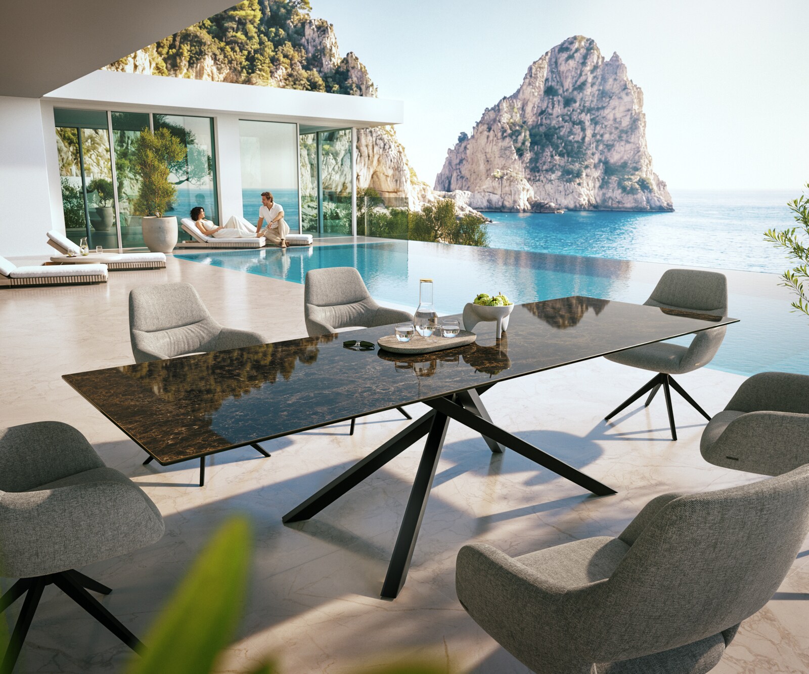 Outdoortisch Edge 300x100 cm Keramik Laminam® Emperador Extra Lucidato Dunkelbraun Kreuzgestell Rechteck Schwarz