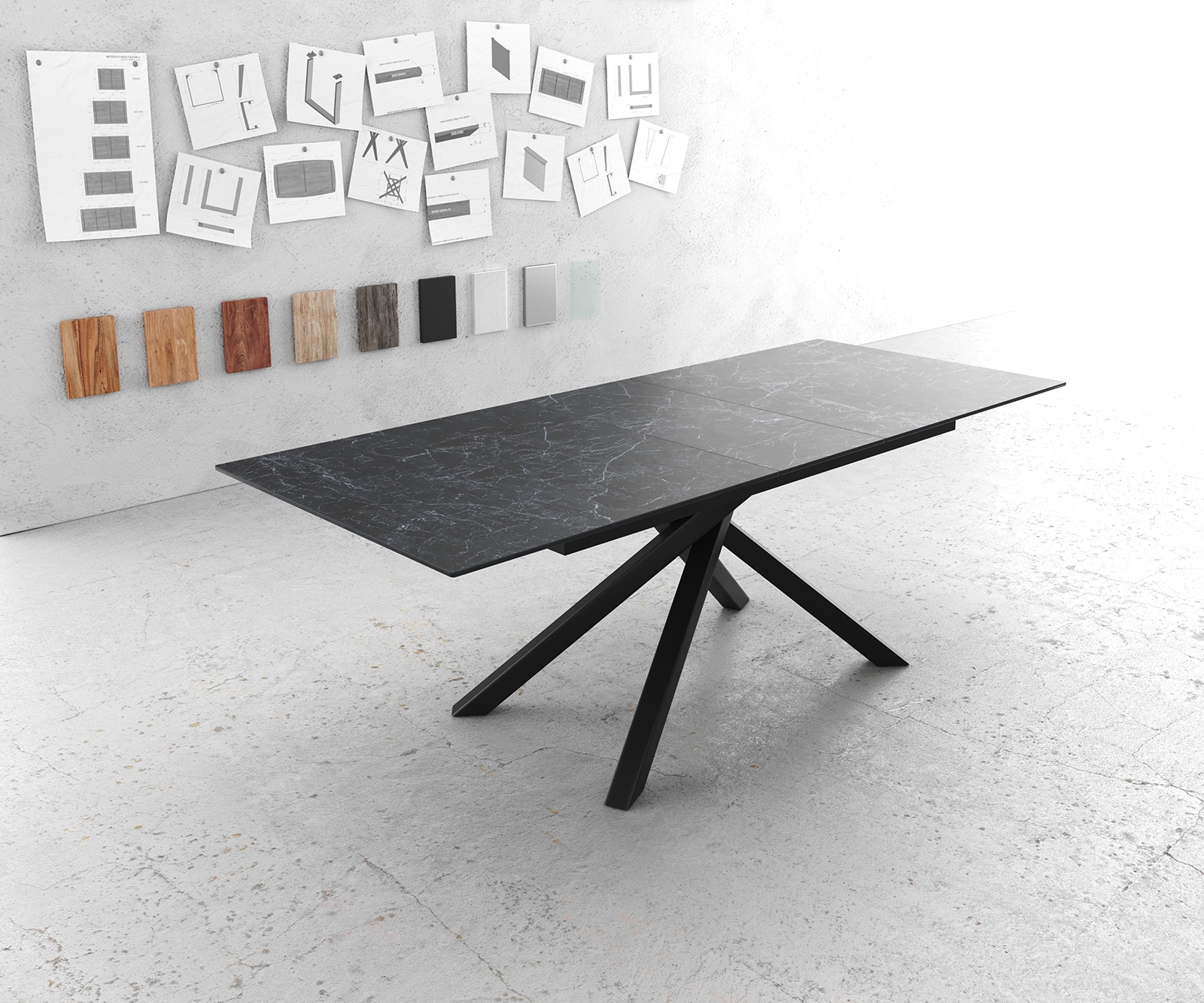 Esstisch Edge 180-220x100cm Keramik Laminam®Nero Greco Anthrazit Kreuzgestell Rechteck Schwarz ausziehbar