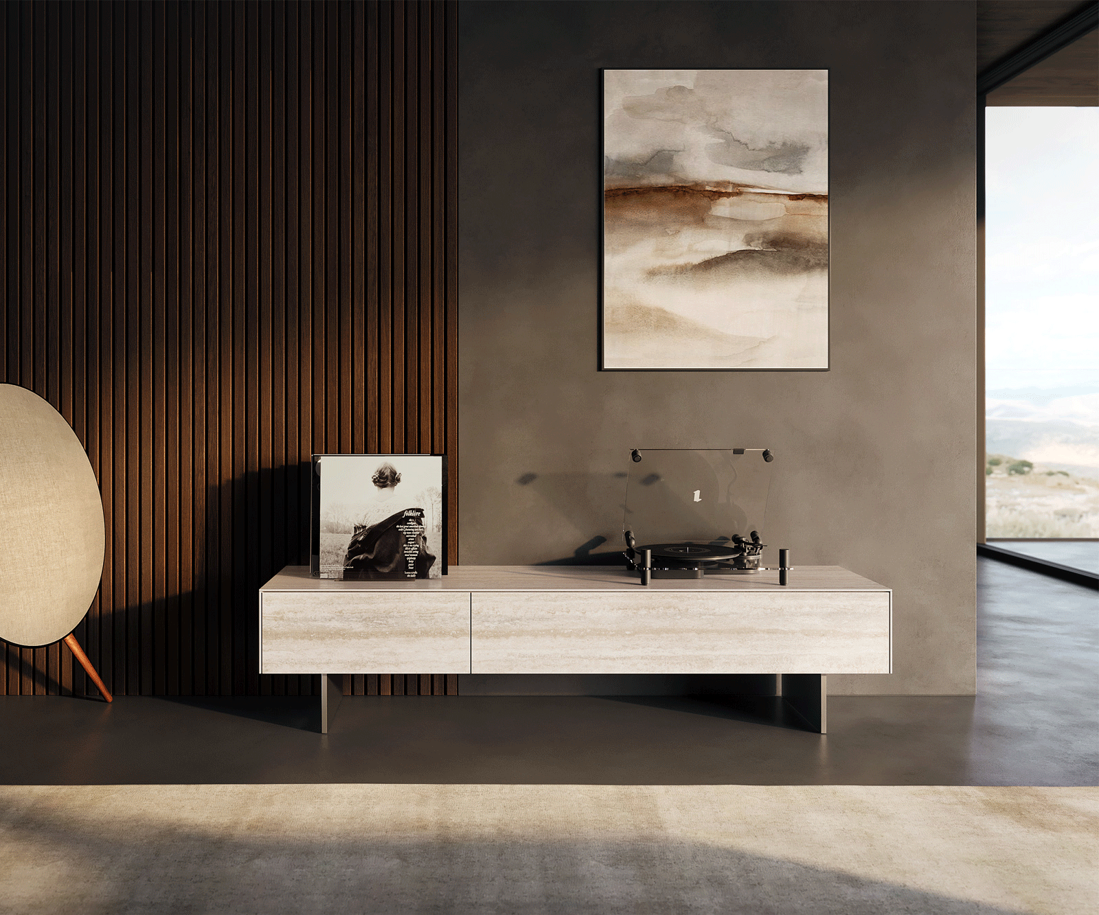 Lowboard Cuor 150 cm Keramik Laminam® Travertino Bianco Creme-Weiß 1 Klappe 1 Schubfach Fuß Schwebeoptik Edelstahl 2