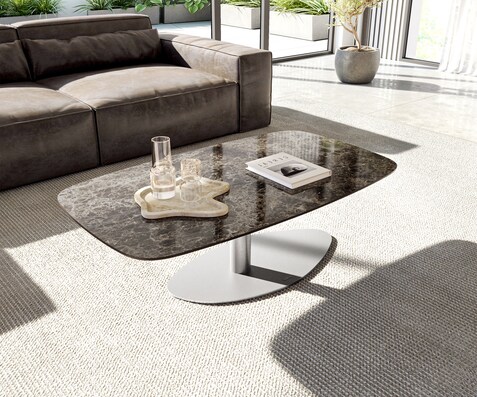 Couchtisch Edge Boot 120x70 cm Keramik Emperador Extra Lucidato Dunkelbraun Vibany Edelstahl gebürstet