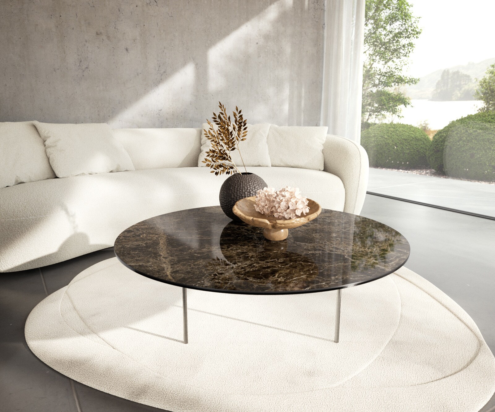 Couchtisch Edge Rund 100x100 cm Keramik Laminam® Emperador Extra Lucidato Dunkelbraun Trive Edelstahl gebürstet 2