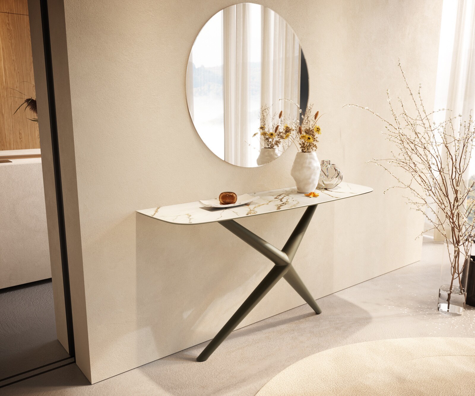 Konsolentisch Edge Boot 140x40 cm Keramik Calacatta Luxe Weiß-Gold-Grau Estelo Metall Effektfinish Titan 4