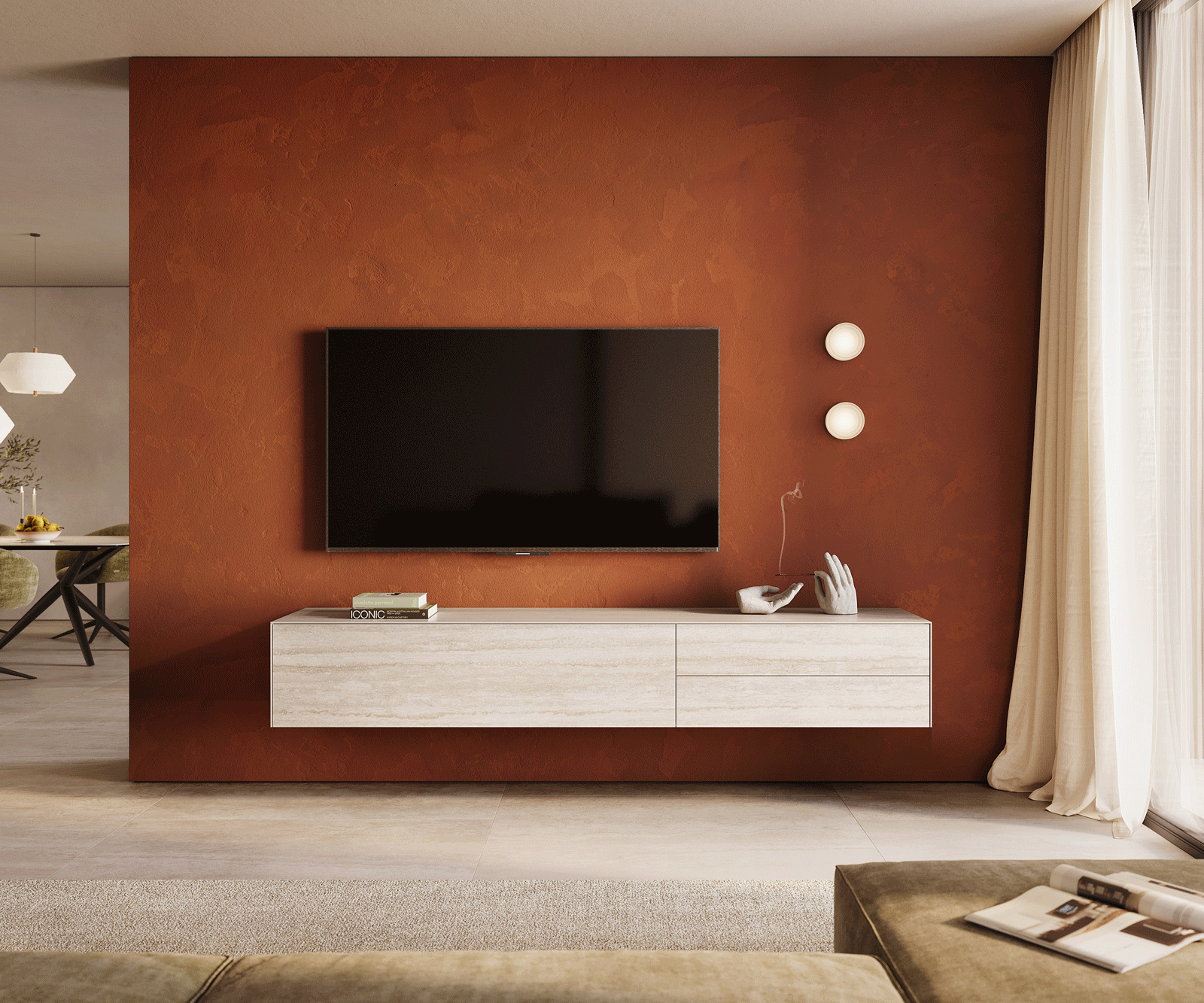 Lowboard Cuor 220 cm Keramik Laminam® Travertino Bianco Creme-Weiß 1 Klappe 2 Schubfächer Schwebend 2