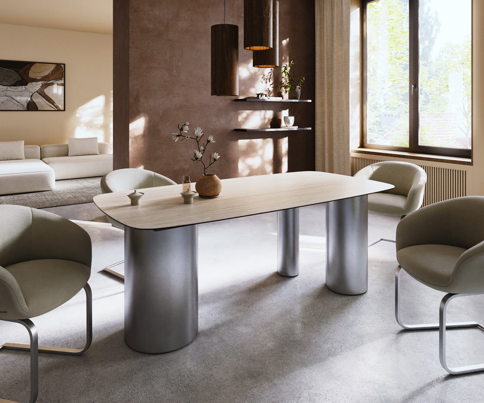 Esstisch Edge Boot 200x100 Keramik Laminam® Travertino Bianco Creme-Weiß Troa Edelstahl gebürstet