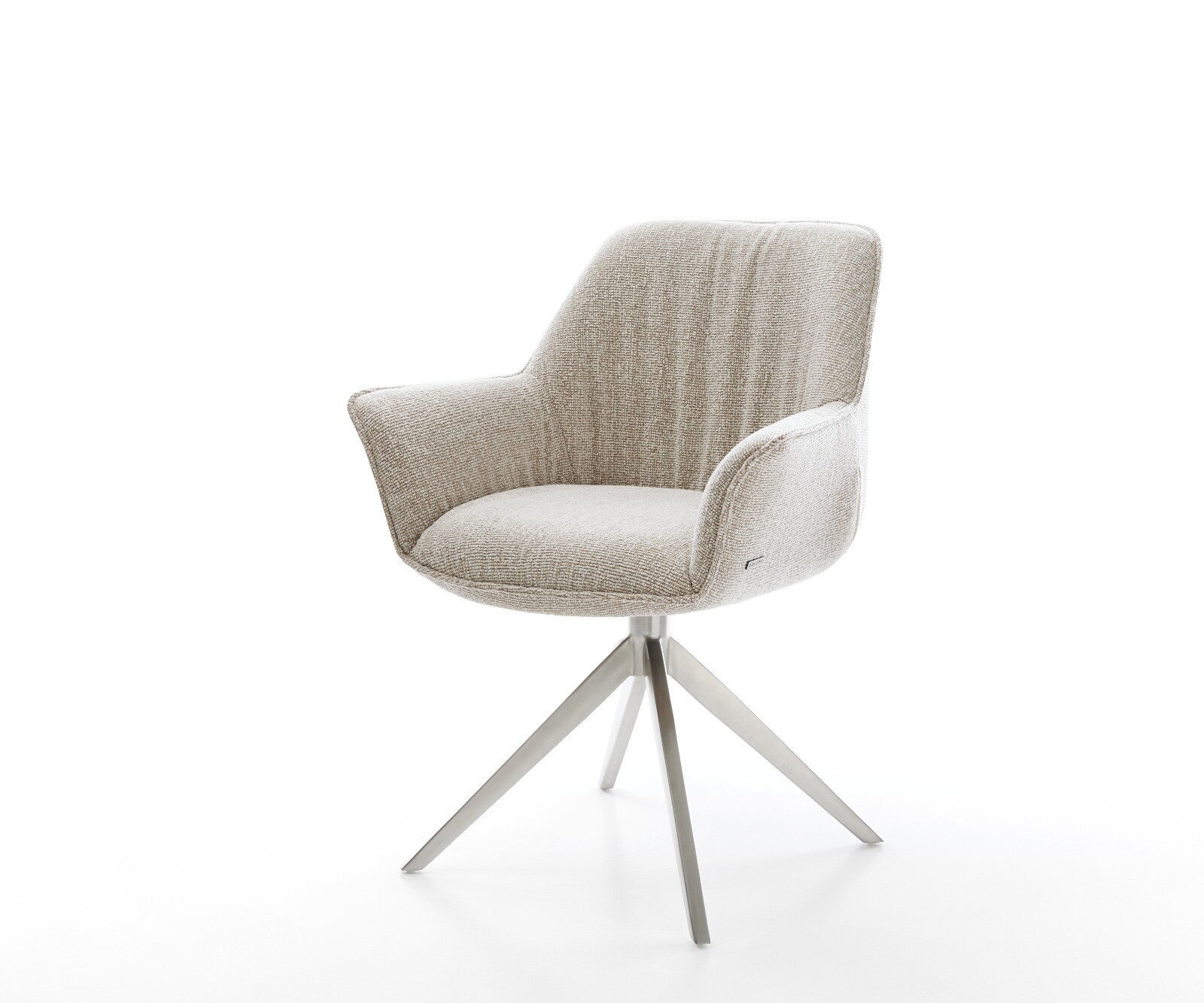 Chaise-pivotante Keila-Flex avec accoudoirs tissu tissé doux beige pied croisé large acier inoxydable pivotement sur 360° fonction bascule