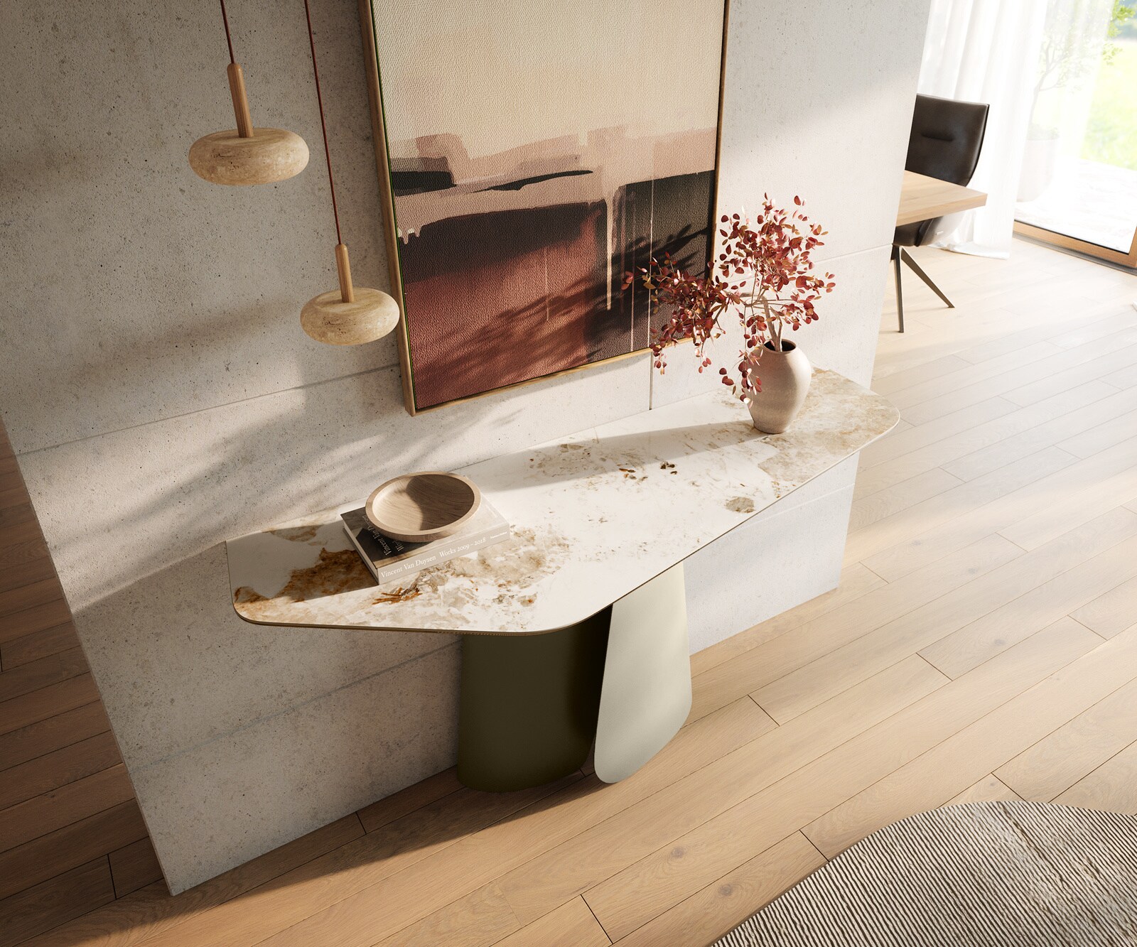 Konsolentisch Edge Polygonal 140x50 cm Keramik Minas Melange Weiß-Beige Livos Metall Effektfinish Titan 2