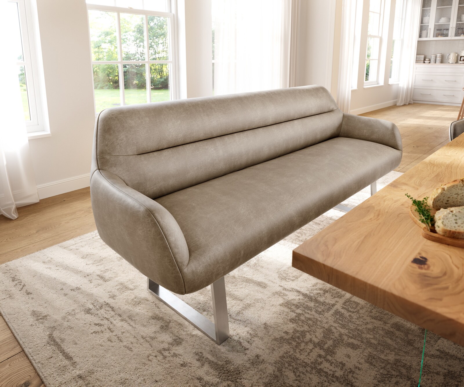 Esszimmerbank Taya-Flex 200 cm Mikrofaser Beige Vintage Kufengestell kantig Edelstahl Taschenfederkern