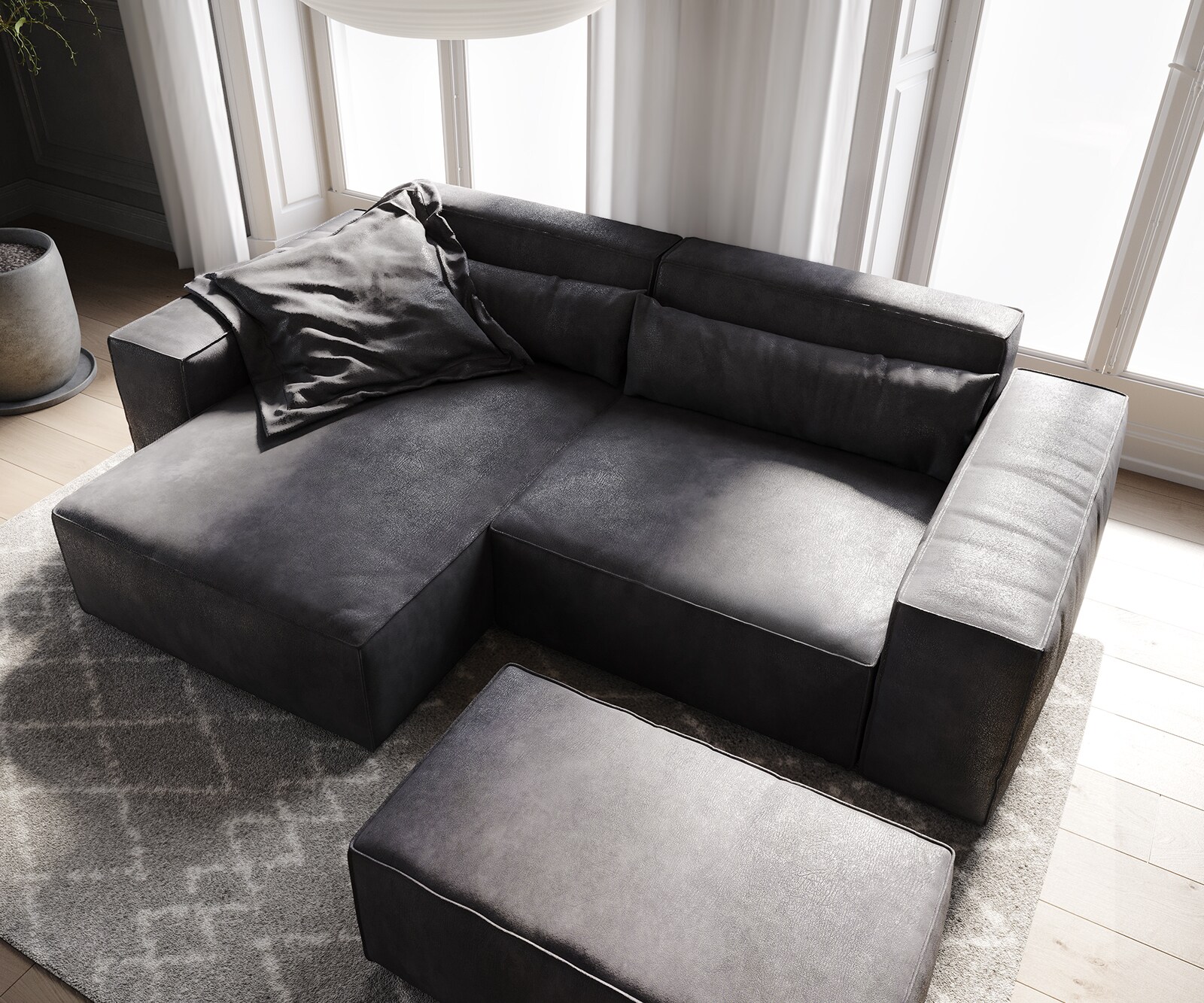 Ecksofa Sirpio 230x155 cm Lederimitat Vintage Anthrazit Recamiere variabel mit Hocker 3