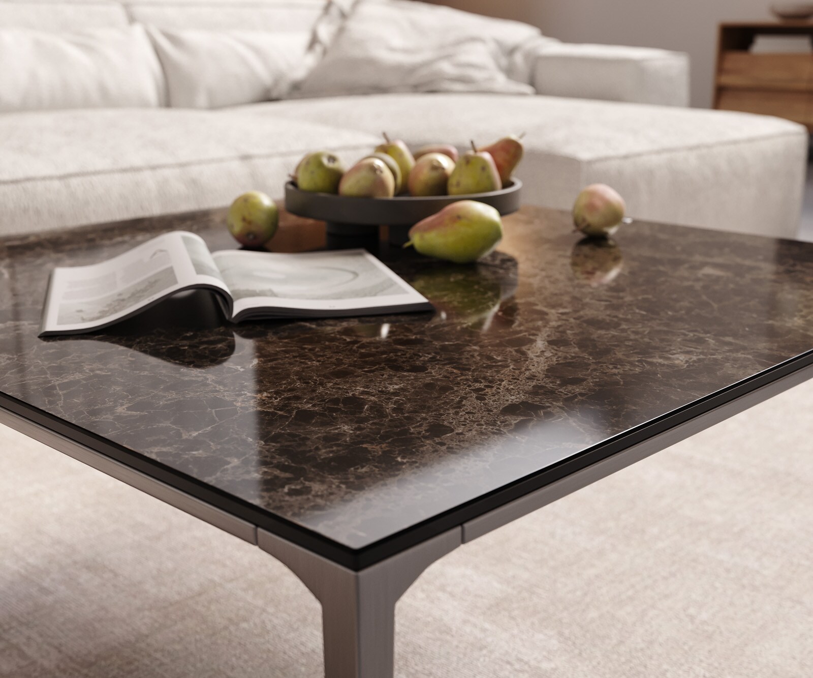 Couchtisch Levente 85x85 cm Keramik Emperador Extra Lucidato Dunkelbraun Gestell Edelstahl Silber 5