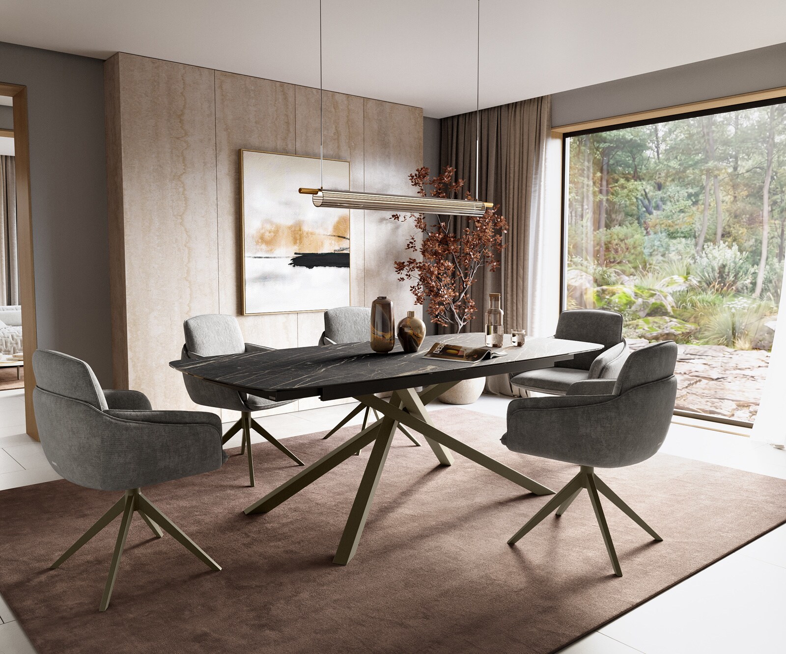 Esstisch Edge Boot 180-220x100 cm Laminam® Keramik Noir Desir Braun Kreuzgestell Rechteck Effektfinish Titan ausziehbar 6
