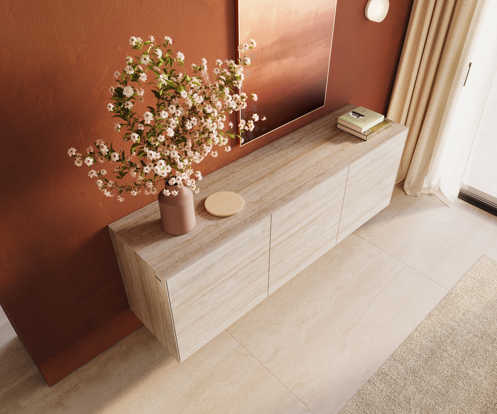 Sideboard Cuor 180 cm Keramik Laminam® Travertino Bianco Creme-Weiß 2 Türen 3 Schubfächer Schwebend 3