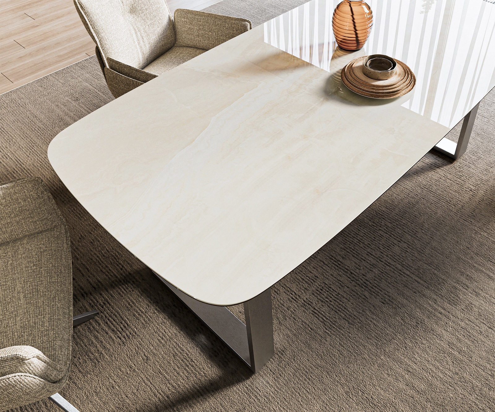 Esstisch Edge Boot 200x100 cm Keramik Onyx Champagne Edelstahl Breit 4