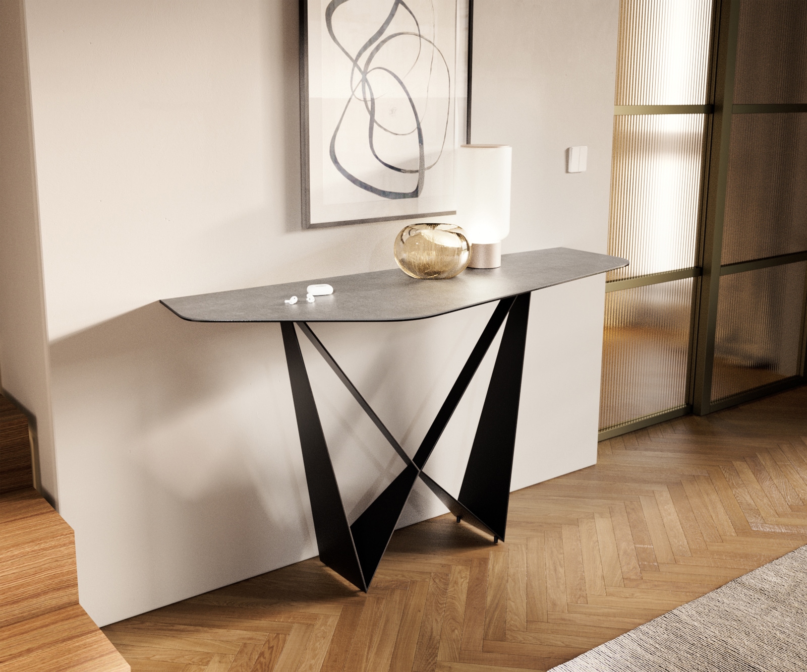 Konsolentisch Edge Polygonal 140x50 cm Keramik Beton Grau Spios Metall Schwarz