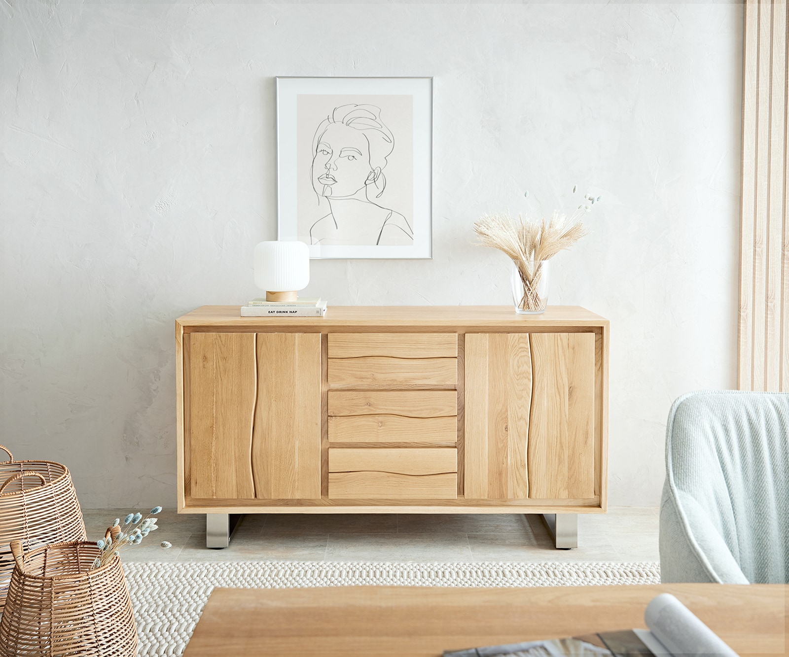 Sideboard Live-Edge 150 cm Eiche Natur 3 Schübe 2 Türen 4