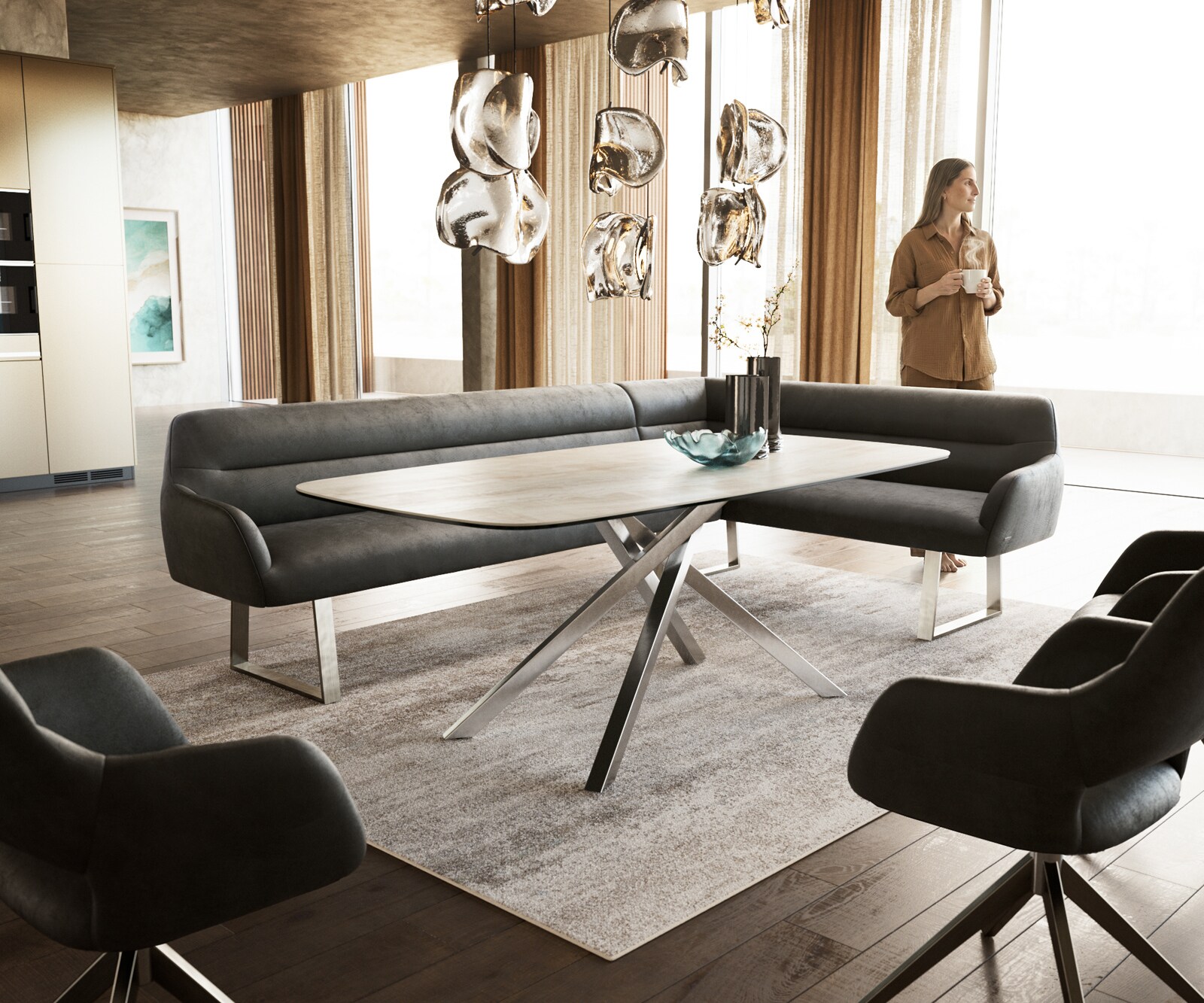 Esszimmerbank Taya-Flex 285x190 cm Mikrofaser Anthrazit Vintage Kufengestell kantig Edelstahl Taschenfederkern Links 1